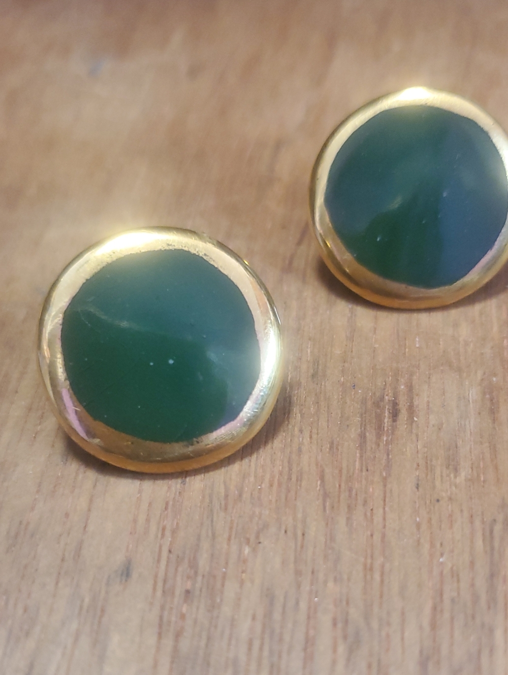 Gold-Trim Green Round Stud Earrings - Signed MC -SK
